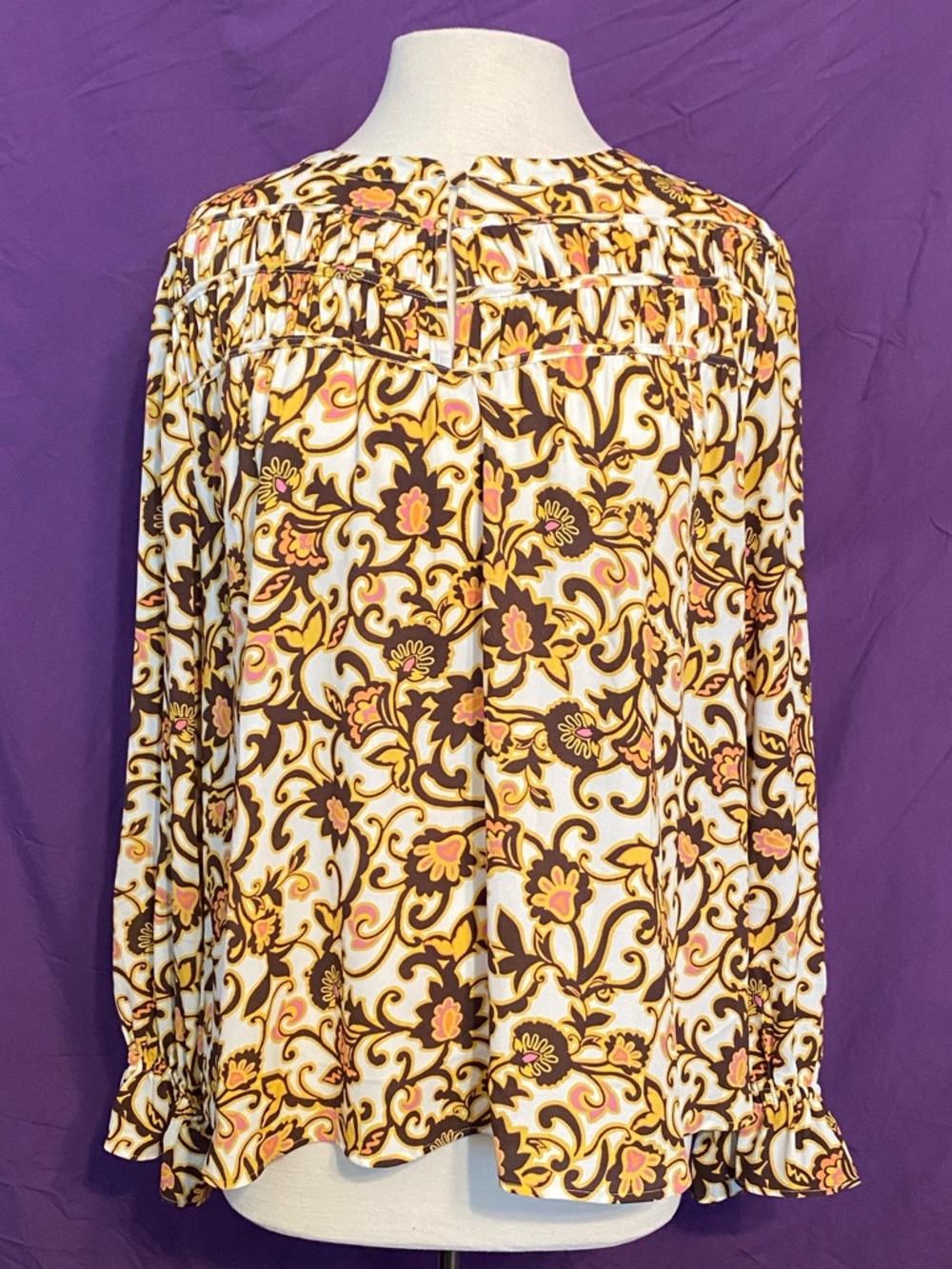 LOFT Floral Scroll Blouse in Cream, Pink, Yellow and Brown. Size L.